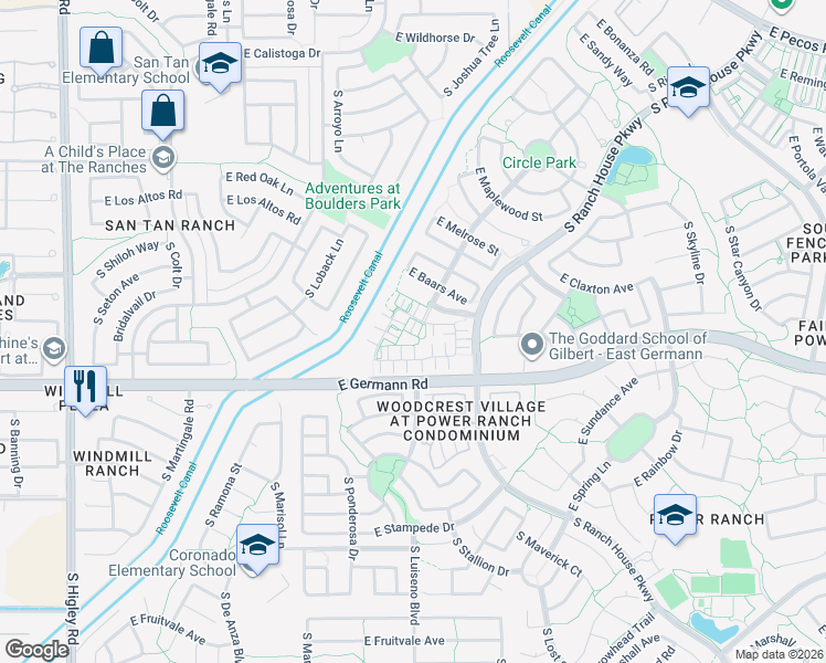 map of restaurants, bars, coffee shops, grocery stores, and more near 3921 South Napa Lane in Gilbert