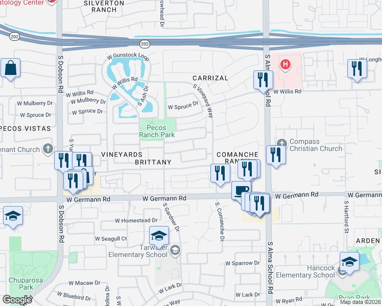 map of restaurants, bars, coffee shops, grocery stores, and more near 1394 West Musket Way in Chandler