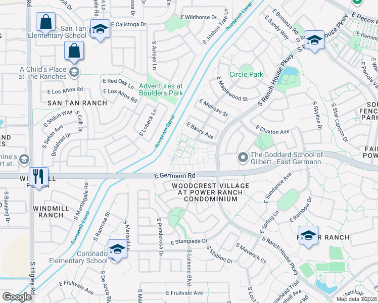 map of restaurants, bars, coffee shops, grocery stores, and more near 3921 South Napa Lane in Gilbert