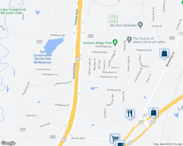 map of restaurants, bars, coffee shops, grocery stores, and more near 266 Big Bear Drive in Melissa