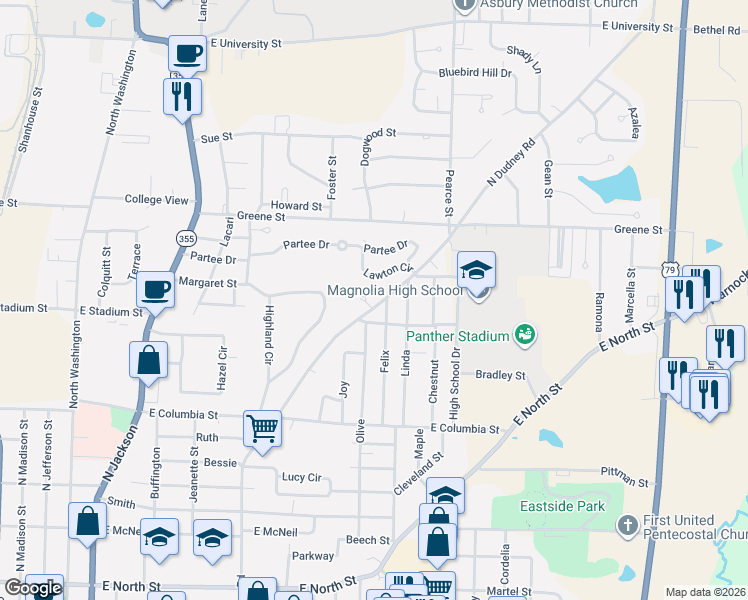 map of restaurants, bars, coffee shops, grocery stores, and more near 1310 Felix in Magnolia