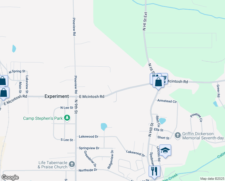 map of restaurants, bars, coffee shops, grocery stores, and more near 505 East Mcintosh Road in Griffin