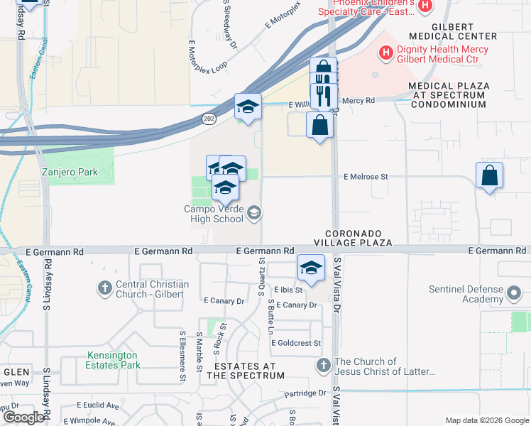 map of restaurants, bars, coffee shops, grocery stores, and more near 18669-18737 South Quartz Street in Gilbert