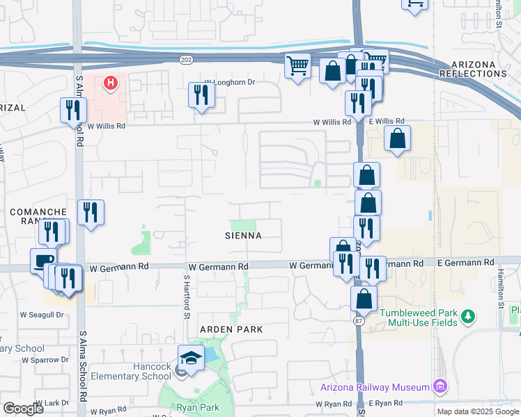 map of restaurants, bars, coffee shops, grocery stores, and more near 410 West Musket Place in Chandler