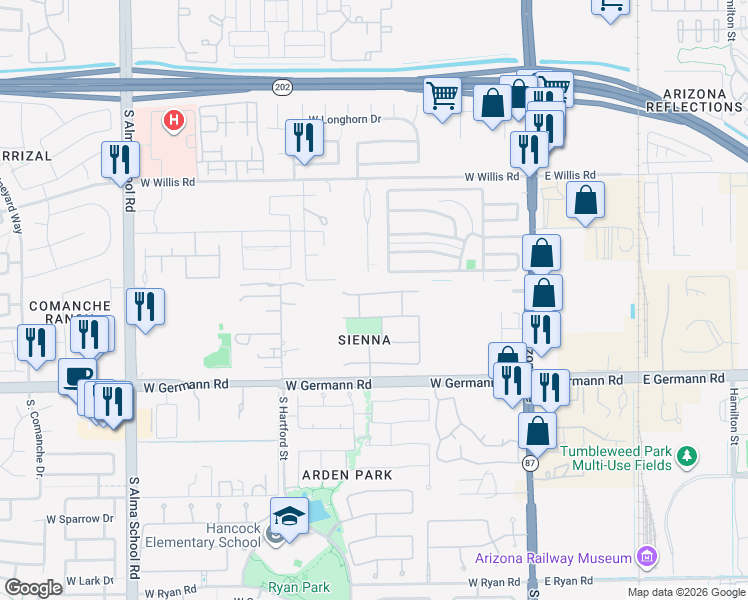map of restaurants, bars, coffee shops, grocery stores, and more near 493 West Thompson Place in Chandler