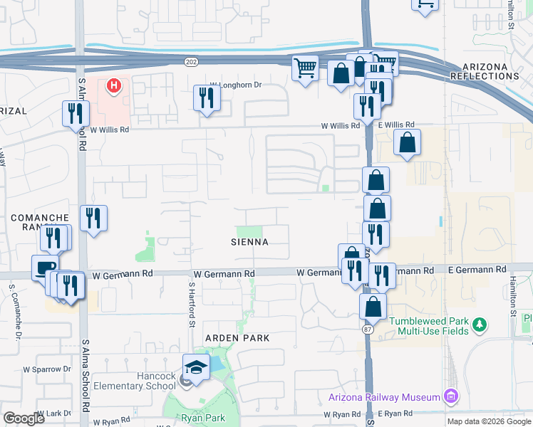 map of restaurants, bars, coffee shops, grocery stores, and more near 410 West Musket Place in Chandler