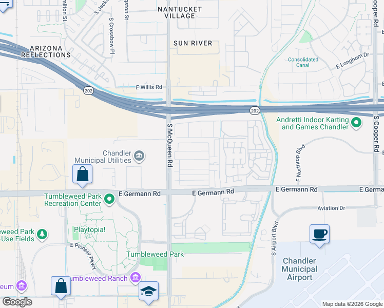map of restaurants, bars, coffee shops, grocery stores, and more near 1146 East Weatherby Way in Chandler