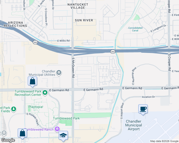map of restaurants, bars, coffee shops, grocery stores, and more near 1220 East Weatherby Way in Chandler