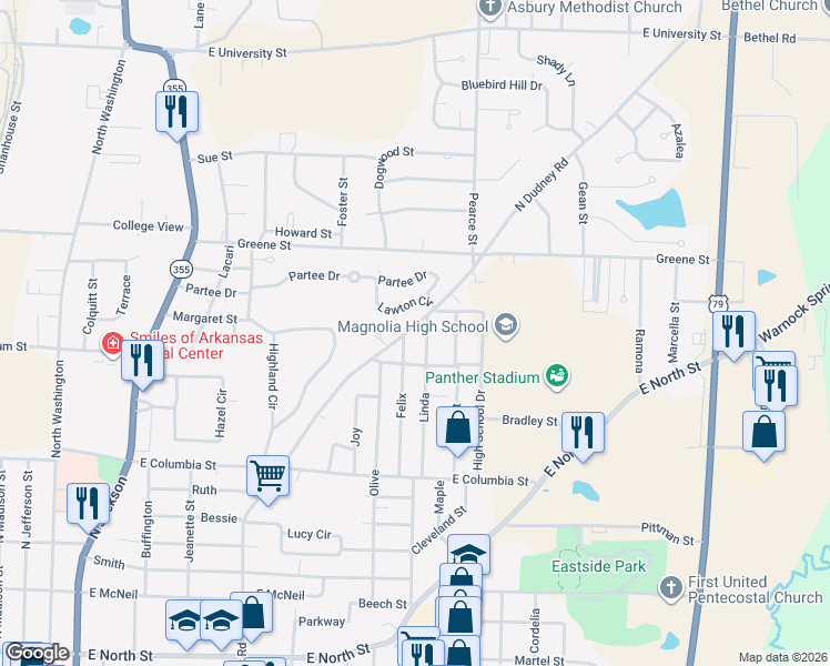 map of restaurants, bars, coffee shops, grocery stores, and more near 1310 Felix in Magnolia