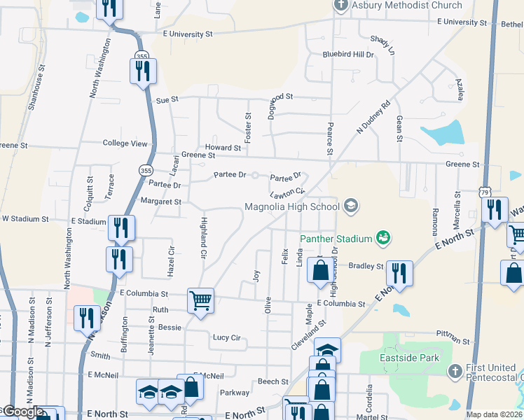 map of restaurants, bars, coffee shops, grocery stores, and more near 1403 North Dudney Road in Magnolia