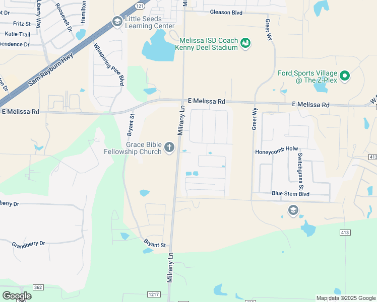 map of restaurants, bars, coffee shops, grocery stores, and more near 2326 Milrany Lane in Melissa