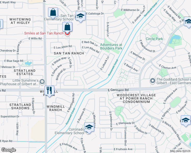 map of restaurants, bars, coffee shops, grocery stores, and more near 3582 East Santa Fe Lane in Gilbert