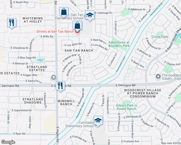 map of restaurants, bars, coffee shops, grocery stores, and more near 3515 East Trigger Way in Gilbert