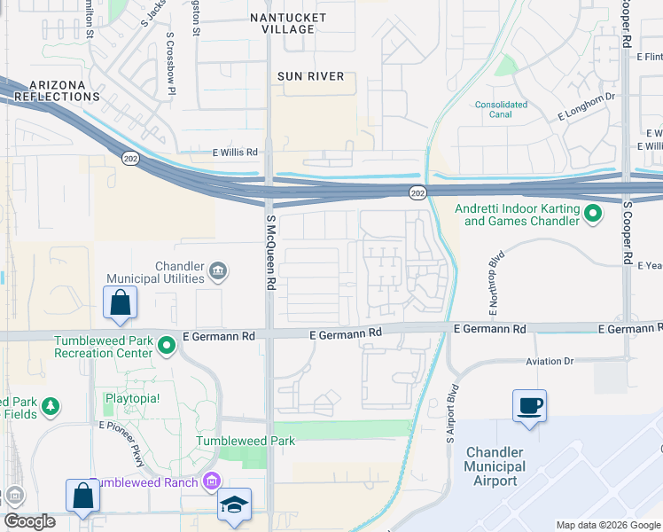 map of restaurants, bars, coffee shops, grocery stores, and more near 1220 East Weatherby Way in Chandler