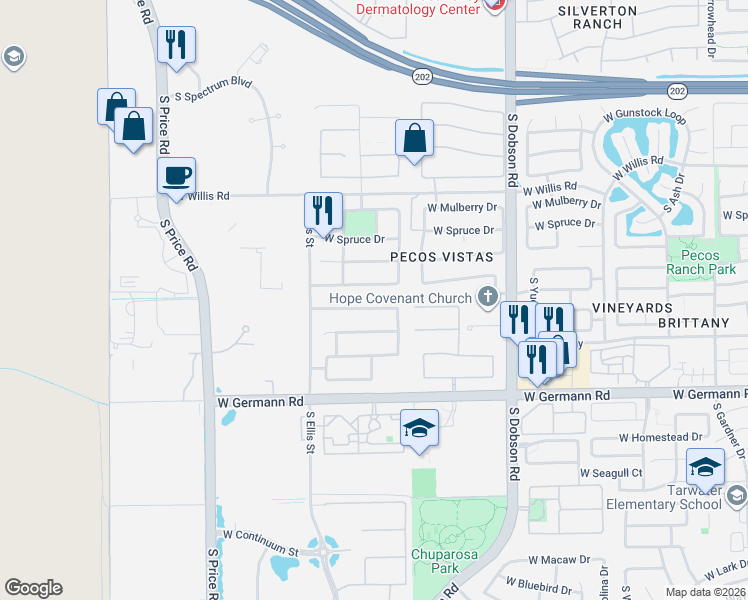 map of restaurants, bars, coffee shops, grocery stores, and more near 2381 West Thompson Way in Chandler