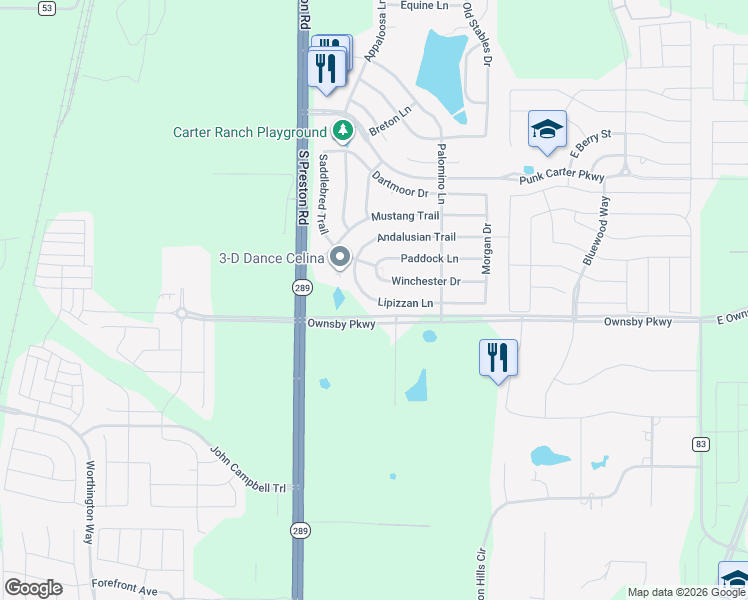 map of restaurants, bars, coffee shops, grocery stores, and more near 435 Lipizzan Lane in Celina