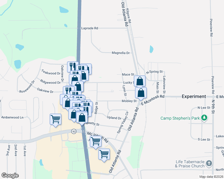 map of restaurants, bars, coffee shops, grocery stores, and more near 1723 East Mercer Drive in Griffin