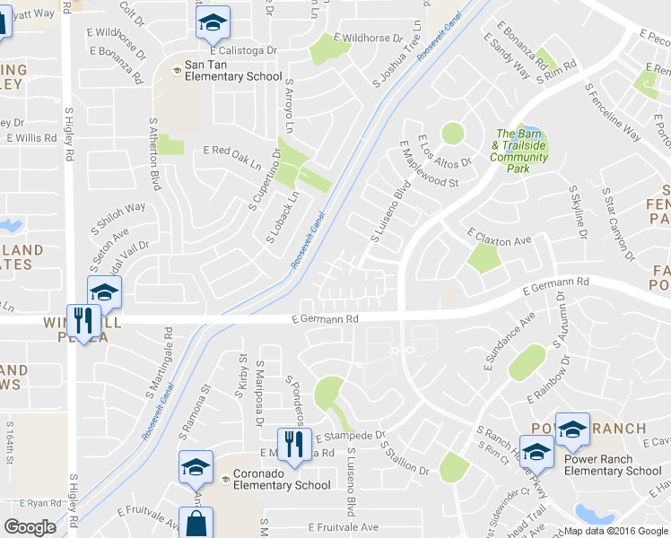 map of restaurants, bars, coffee shops, grocery stores, and more near 3921 South Napa Lane in Gilbert
