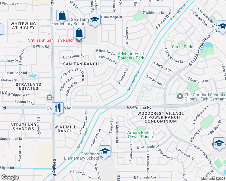 map of restaurants, bars, coffee shops, grocery stores, and more near 3582 East Santa Fe Lane in Gilbert