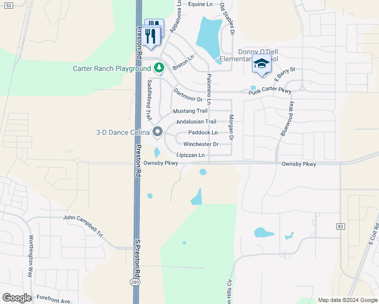 map of restaurants, bars, coffee shops, grocery stores, and more near 438 Lipizzan Lane in Celina