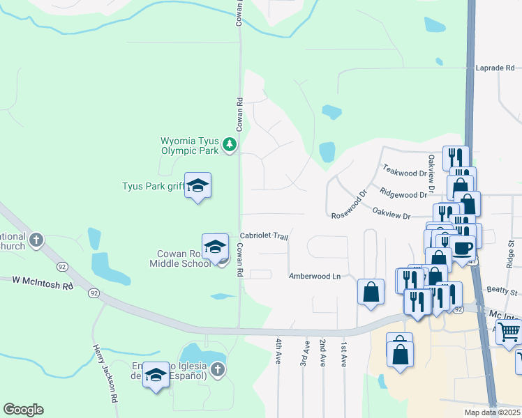 map of restaurants, bars, coffee shops, grocery stores, and more near 106 Halifax Drive in Griffin