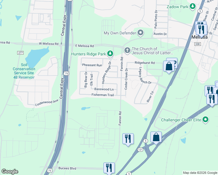 map of restaurants, bars, coffee shops, grocery stores, and more near 503 Fisherman Trail in Melissa