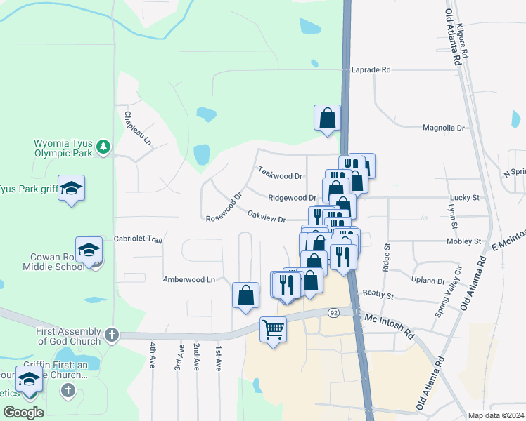 map of restaurants, bars, coffee shops, grocery stores, and more near 1537 Oakview Drive in Griffin