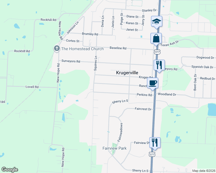 map of restaurants, bars, coffee shops, grocery stores, and more near 214 Ranch Road in Krugerville