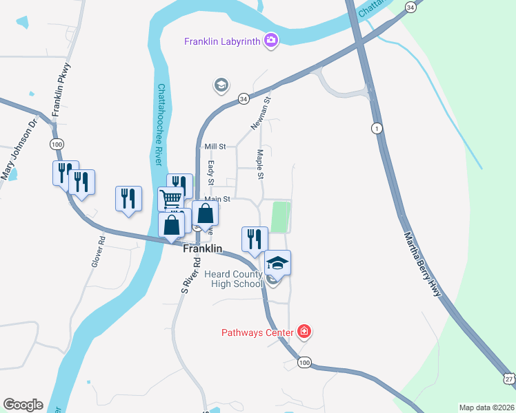 map of restaurants, bars, coffee shops, grocery stores, and more near 343 Main Street in Franklin
