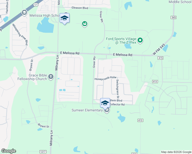 map of restaurants, bars, coffee shops, grocery stores, and more near 2501 Lovegrass Lane in Melissa