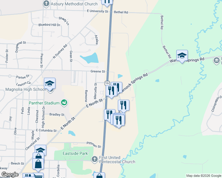 map of restaurants, bars, coffee shops, grocery stores, and more near 1996 Vera Street in Magnolia