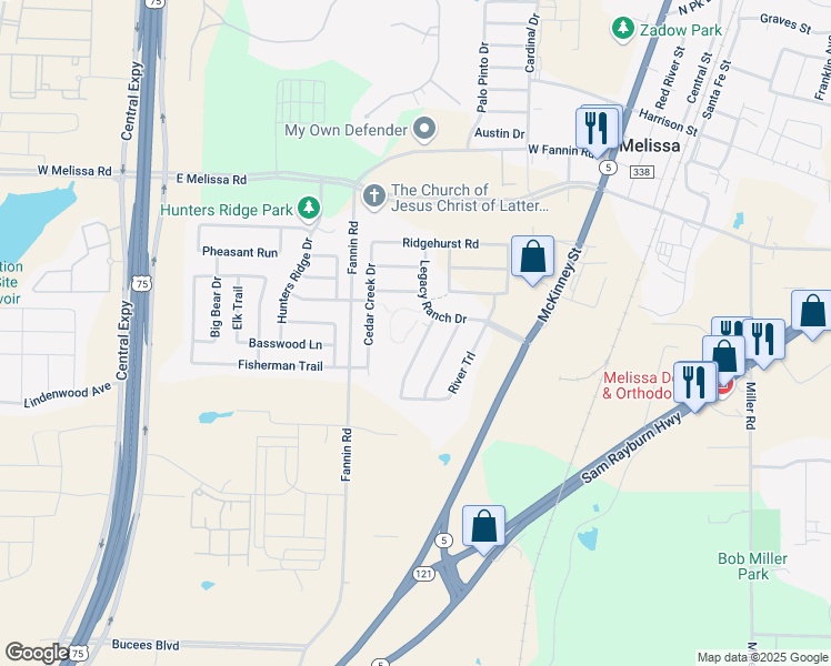map of restaurants, bars, coffee shops, grocery stores, and more near 2539 South Fannin Road in Melissa