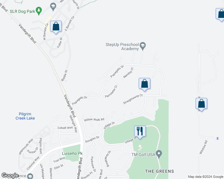 map of restaurants, bars, coffee shops, grocery stores, and more near 5470 Parrolette Court in Oceanside