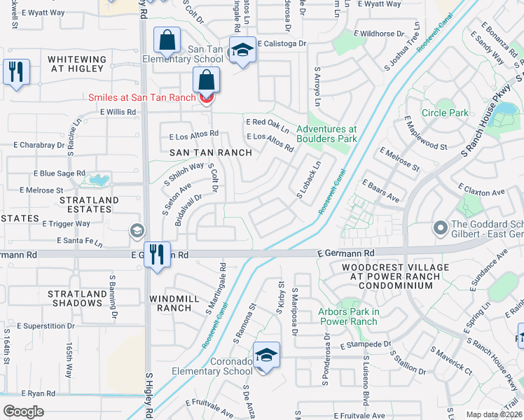 map of restaurants, bars, coffee shops, grocery stores, and more near 3516 East Claxton Avenue in Gilbert