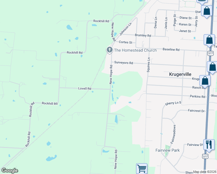 map of restaurants, bars, coffee shops, grocery stores, and more near 5844 New Hope Road in Aubrey