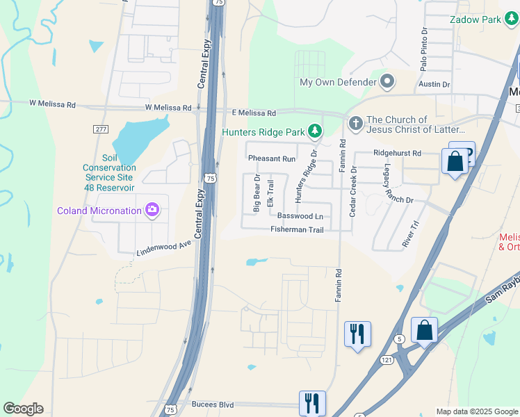 map of restaurants, bars, coffee shops, grocery stores, and more near 278 Big Bear Drive in Melissa