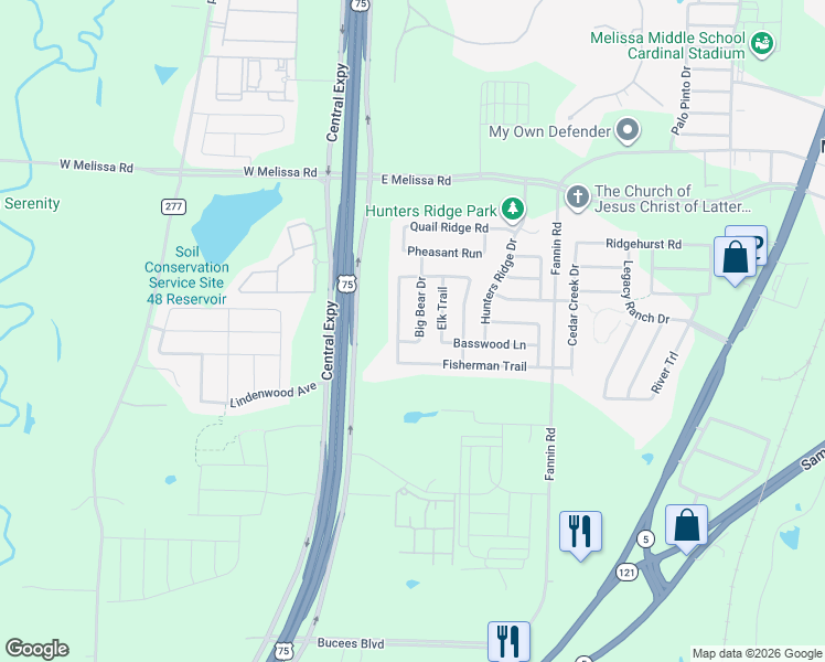 map of restaurants, bars, coffee shops, grocery stores, and more near 279 Big Bear Drive in Melissa