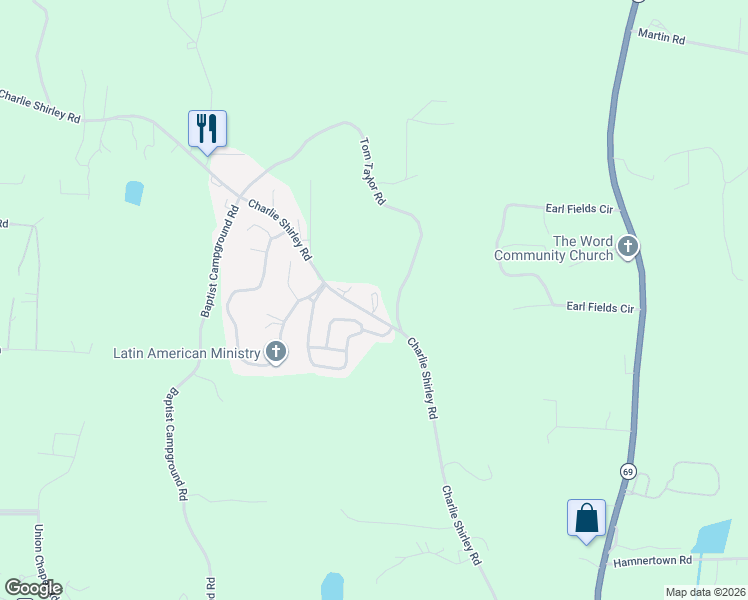 map of restaurants, bars, coffee shops, grocery stores, and more near 8651 Charlie Shirley Road in Northport