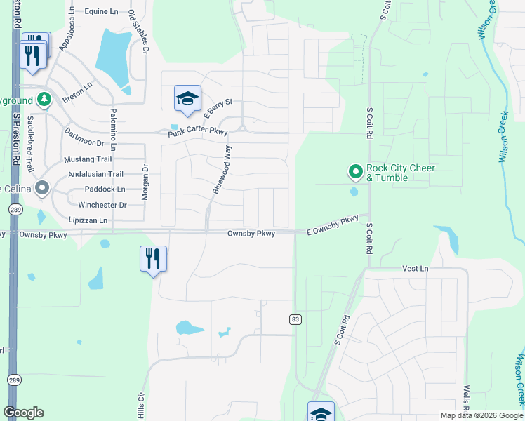 map of restaurants, bars, coffee shops, grocery stores, and more near 3216 Puffin Lane in Celina