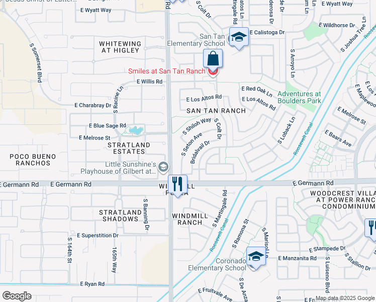 map of restaurants, bars, coffee shops, grocery stores, and more near 3827 South Seton Avenue in Gilbert