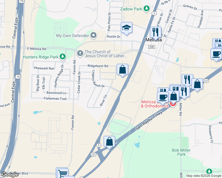 map of restaurants, bars, coffee shops, grocery stores, and more near 2401 McKinney Street in Melissa