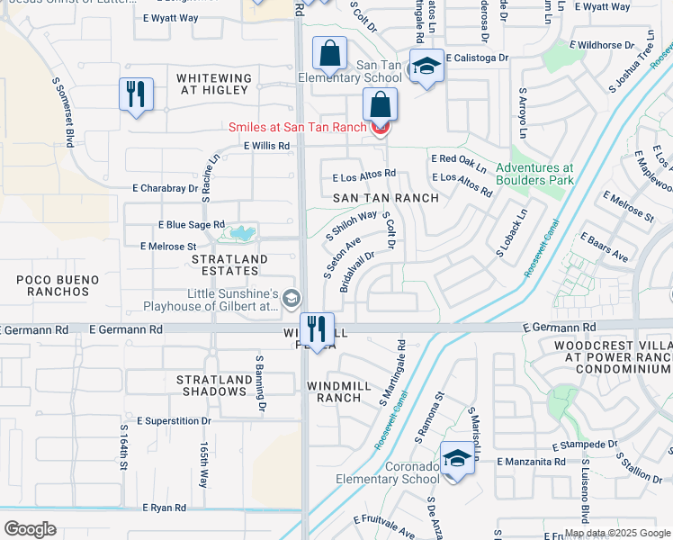 map of restaurants, bars, coffee shops, grocery stores, and more near 3827 South Seton Avenue in Gilbert