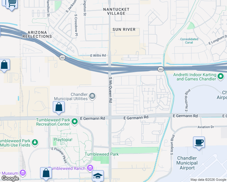 map of restaurants, bars, coffee shops, grocery stores, and more near 1031 East Armstrong Way in Chandler