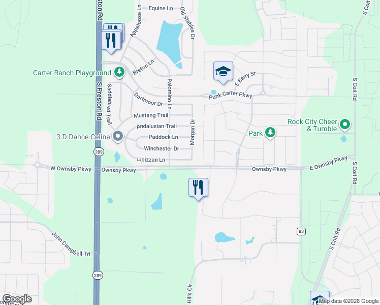 map of restaurants, bars, coffee shops, grocery stores, and more near 3106 Morgan Drive in Celina