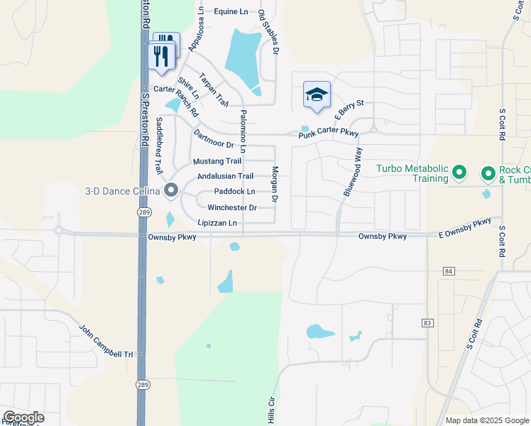 map of restaurants, bars, coffee shops, grocery stores, and more near 506 Winchester Drive in Celina