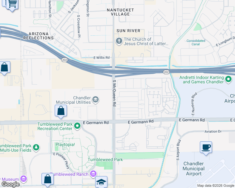 map of restaurants, bars, coffee shops, grocery stores, and more near 1031 East Armstrong Way in Chandler