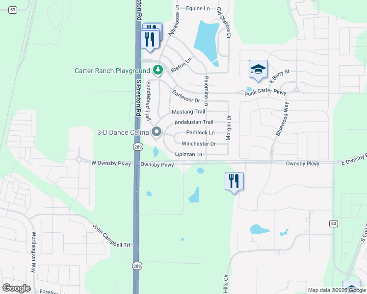 map of restaurants, bars, coffee shops, grocery stores, and more near 415 Winchester Drive in Celina
