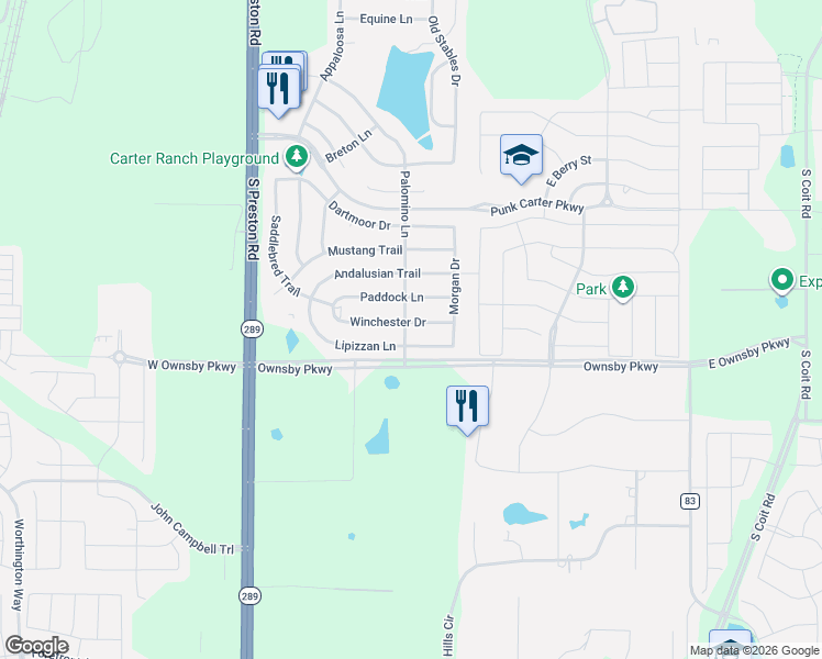 map of restaurants, bars, coffee shops, grocery stores, and more near 506 Winchester Drive in Celina