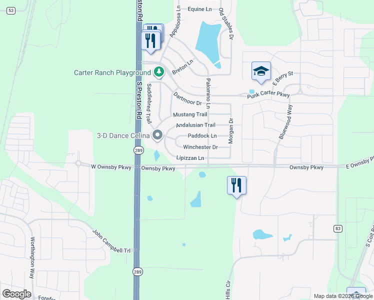 map of restaurants, bars, coffee shops, grocery stores, and more near 417 Winchester Drive in Celina