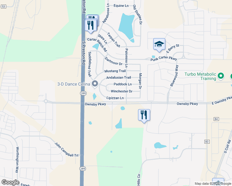 map of restaurants, bars, coffee shops, grocery stores, and more near 412 Winchester Drive in Celina